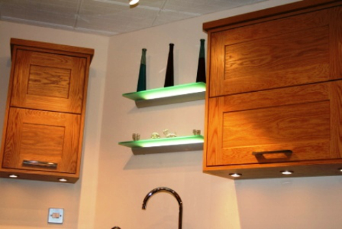 Oak Wall Cupboards And LED Glass Shelves